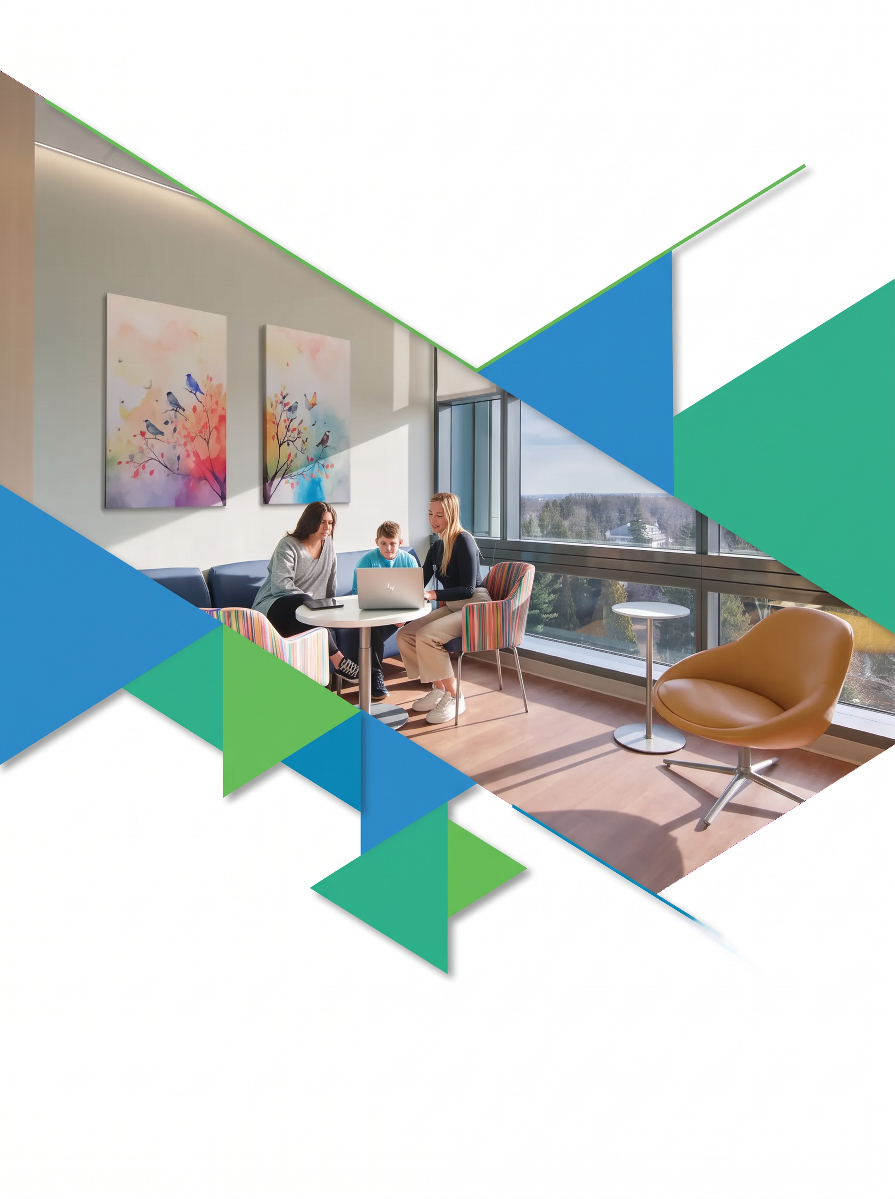 Anonymized healthcare renovation proposal cover with an interior photograph and interlocking blue and green geometry