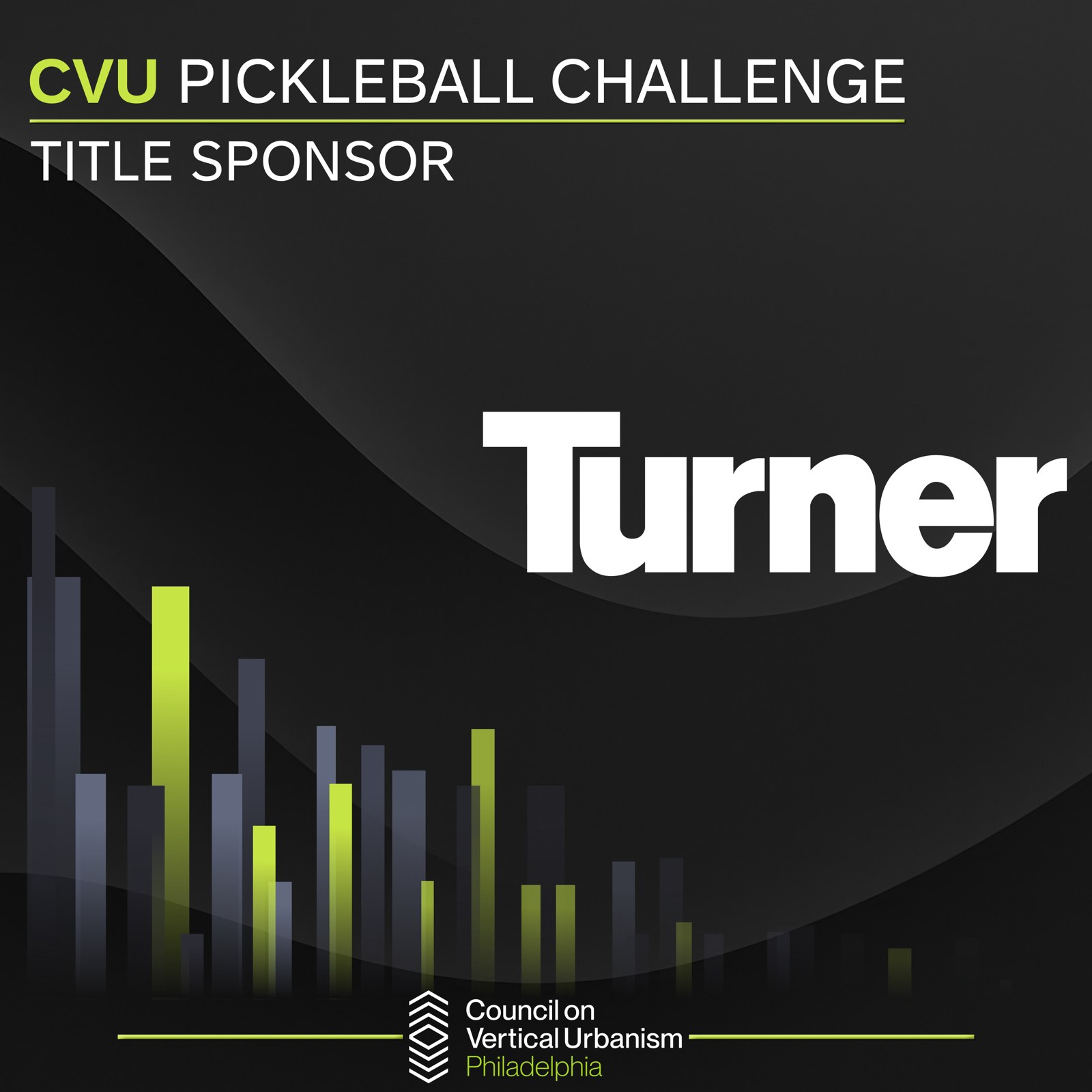 Square event title banner on dark textured black with oversized white sponsor typography, green accent lines, and abstract bar-chart skyline forms