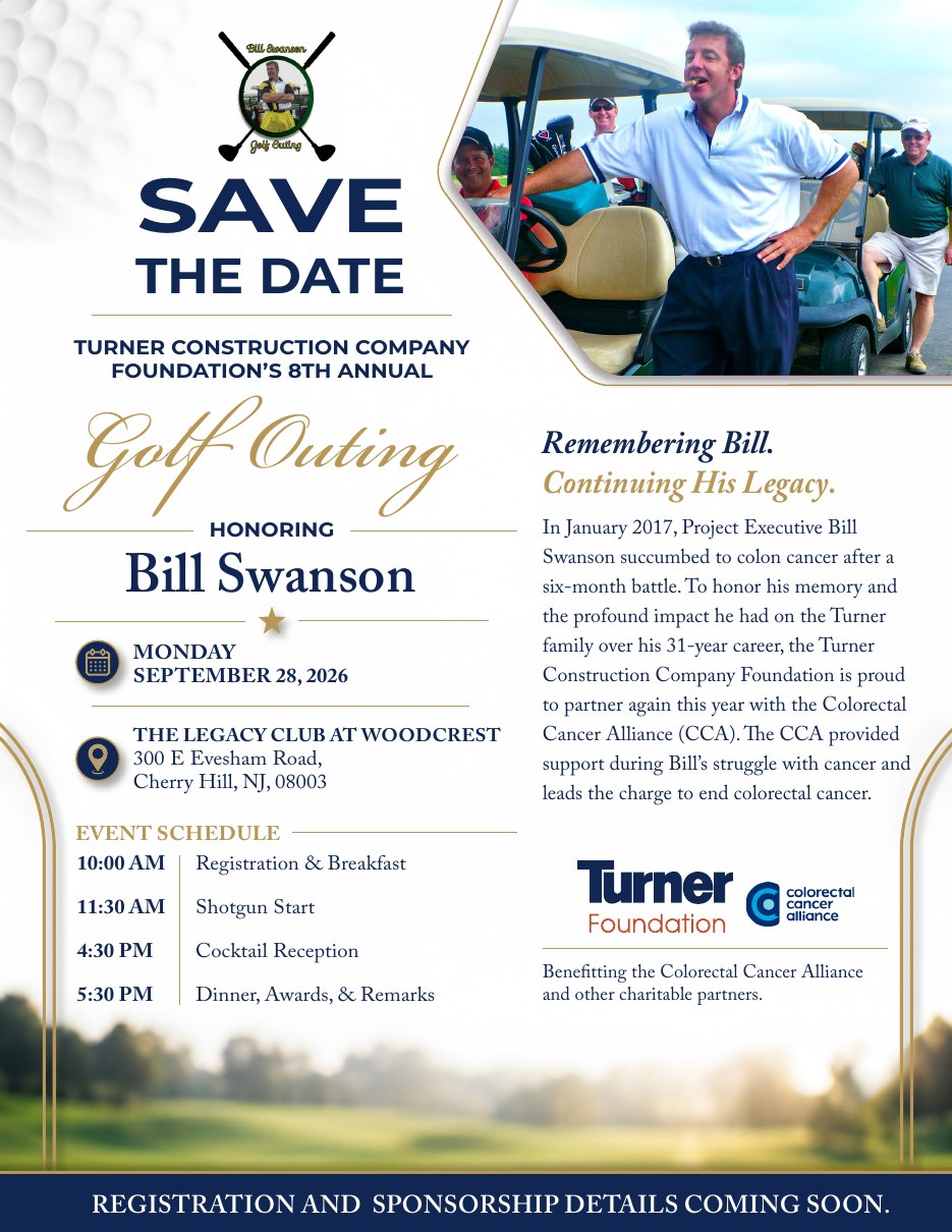 Save-the-date card for a memorial golf outing with gold script typography, event schedule, and a tribute column beside a golf photograph