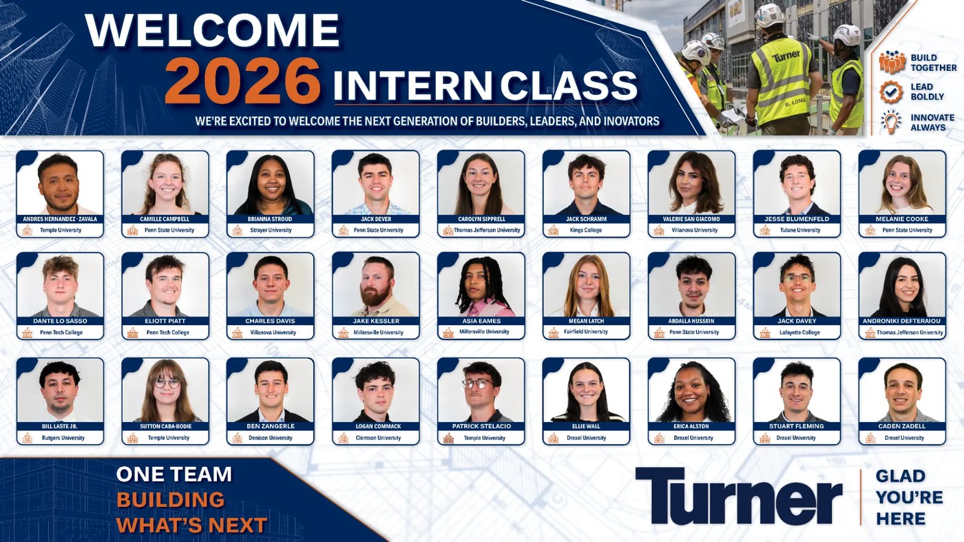 Welcome 2026 intern class announcement board with a grid of professional headshots over a blueprint background — corporate onboarding graphic
