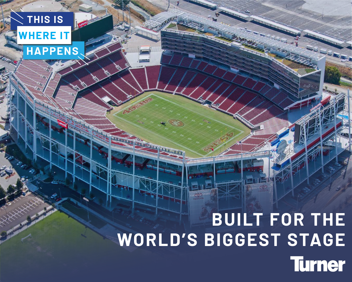 Levi's Stadium aerial marketing graphic for LinkedIn — 'This is where it happens' and 'Built for the world's biggest stage' with Turner branding