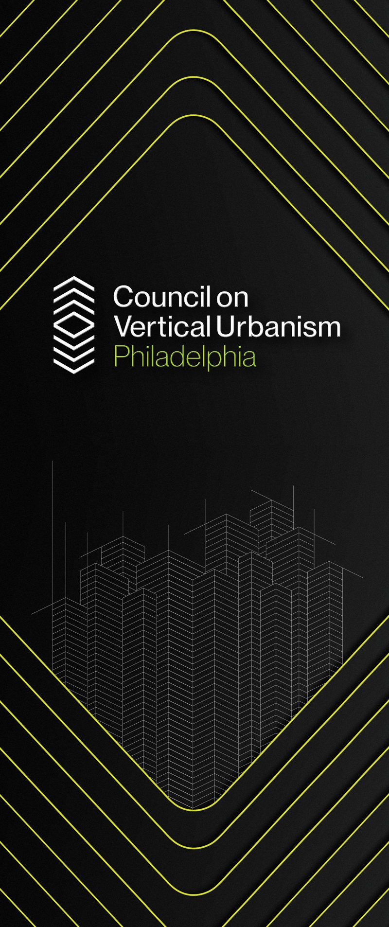 Tall retractable banner design on black with a lime pickleball-court line illustration and white wireframe skyscrapers rising from the base