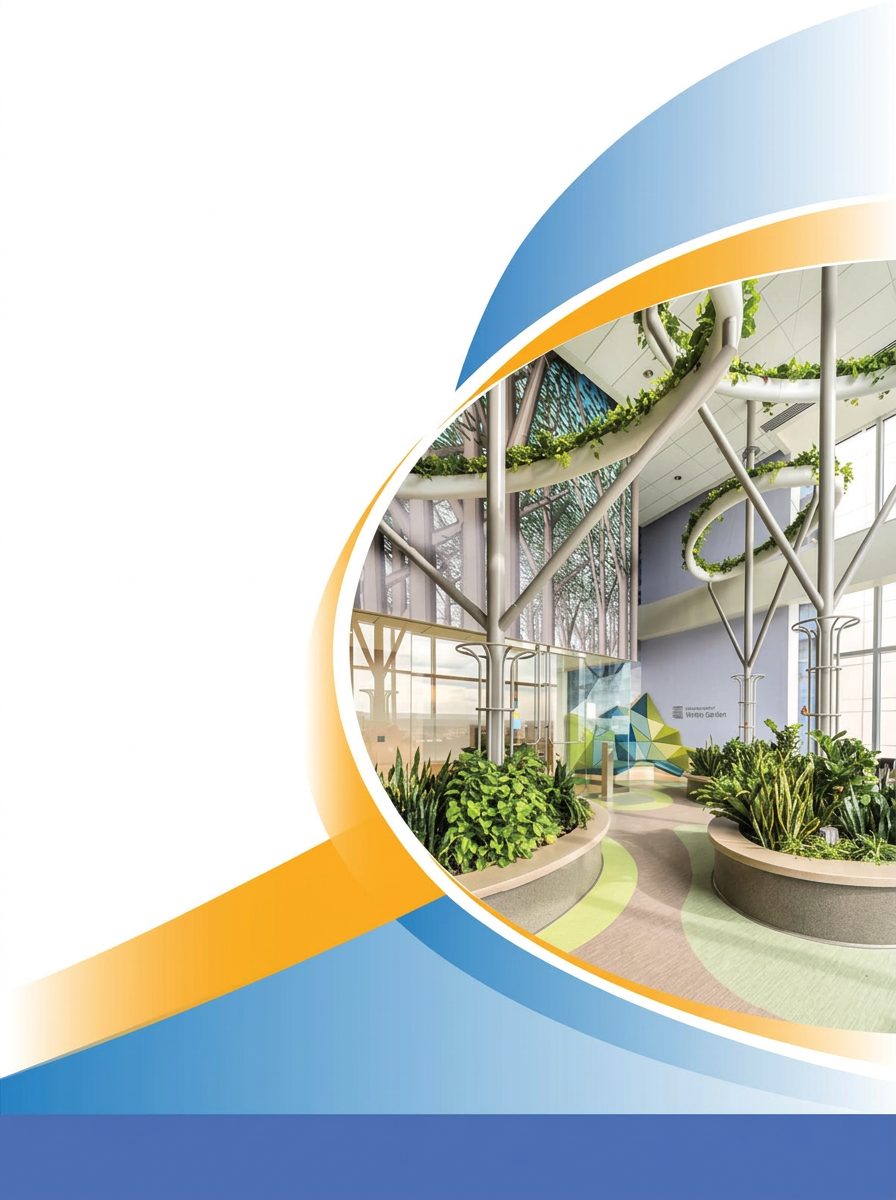 Medical pavilion proposal cover with a planted atrium photograph inside a circular crop, framed by sweeping blue and gold curves