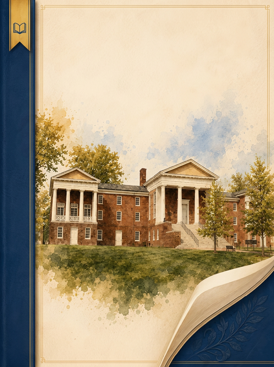 Higher-education proposal cover with a watercolor illustration of a historic brick academic hall, gold border frame, and navy spine