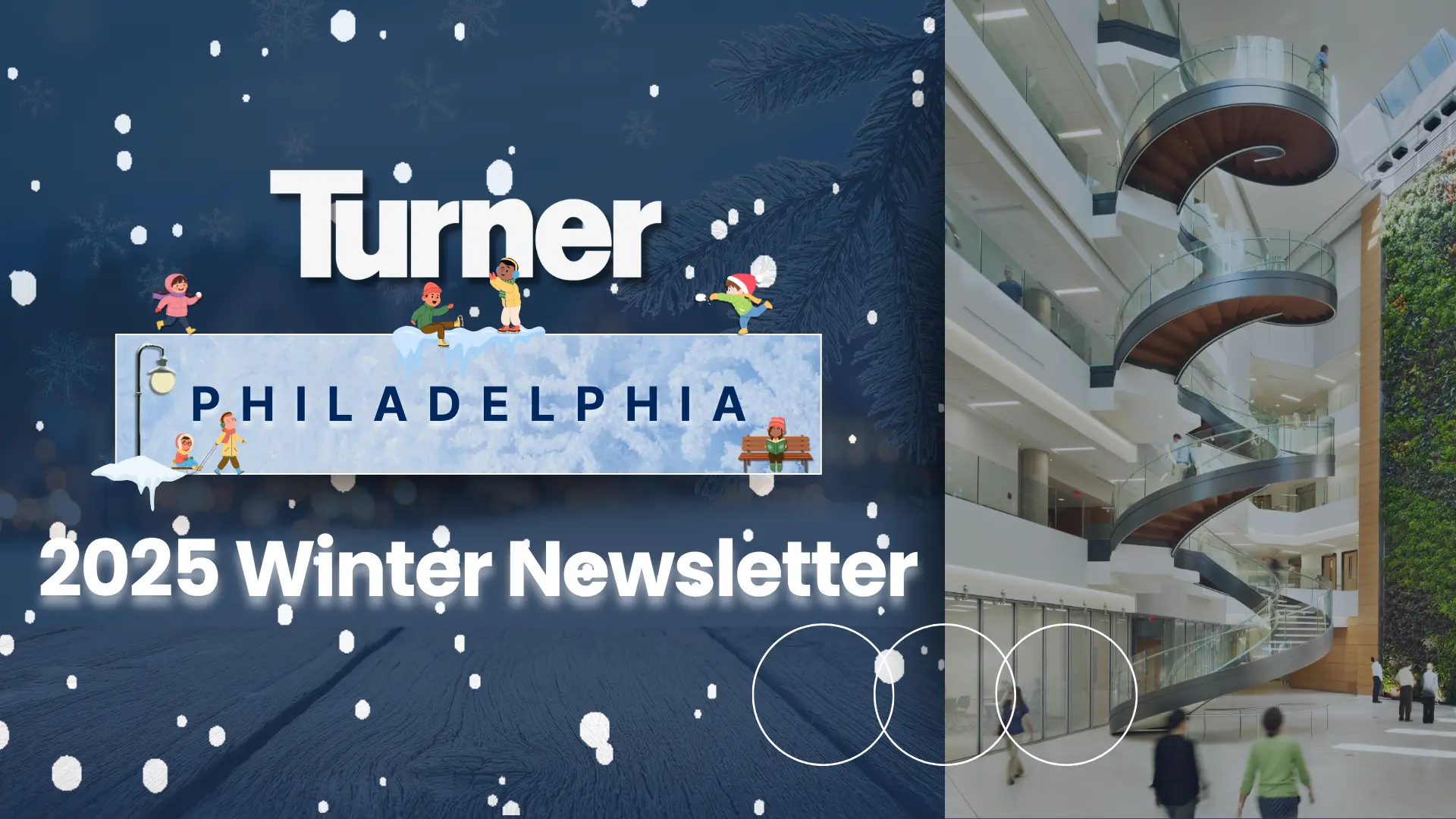 Winter newsletter cover with a snowy evening scene, illustrated figures, and a bright atrium stair photograph