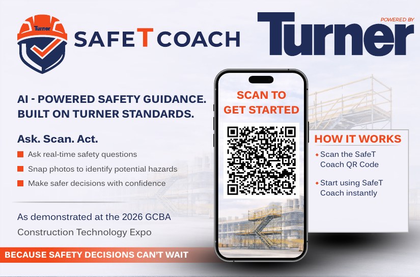 Construction technology expo advertisement featuring a smartphone mockup with QR code, app feature bullets, and bold navy and orange typography