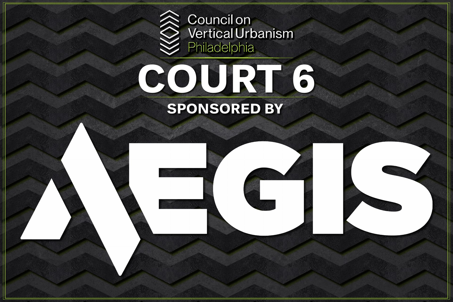 Court-side sponsorship sign on a black chevron-textured background with oversized dimensional white lettering and green accent rules