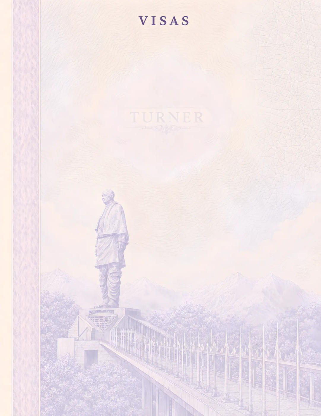 Passport-style visa page design featuring an engraved illustration of the Statue of Unity — fine-line guilloché patterns with TURNER watermark