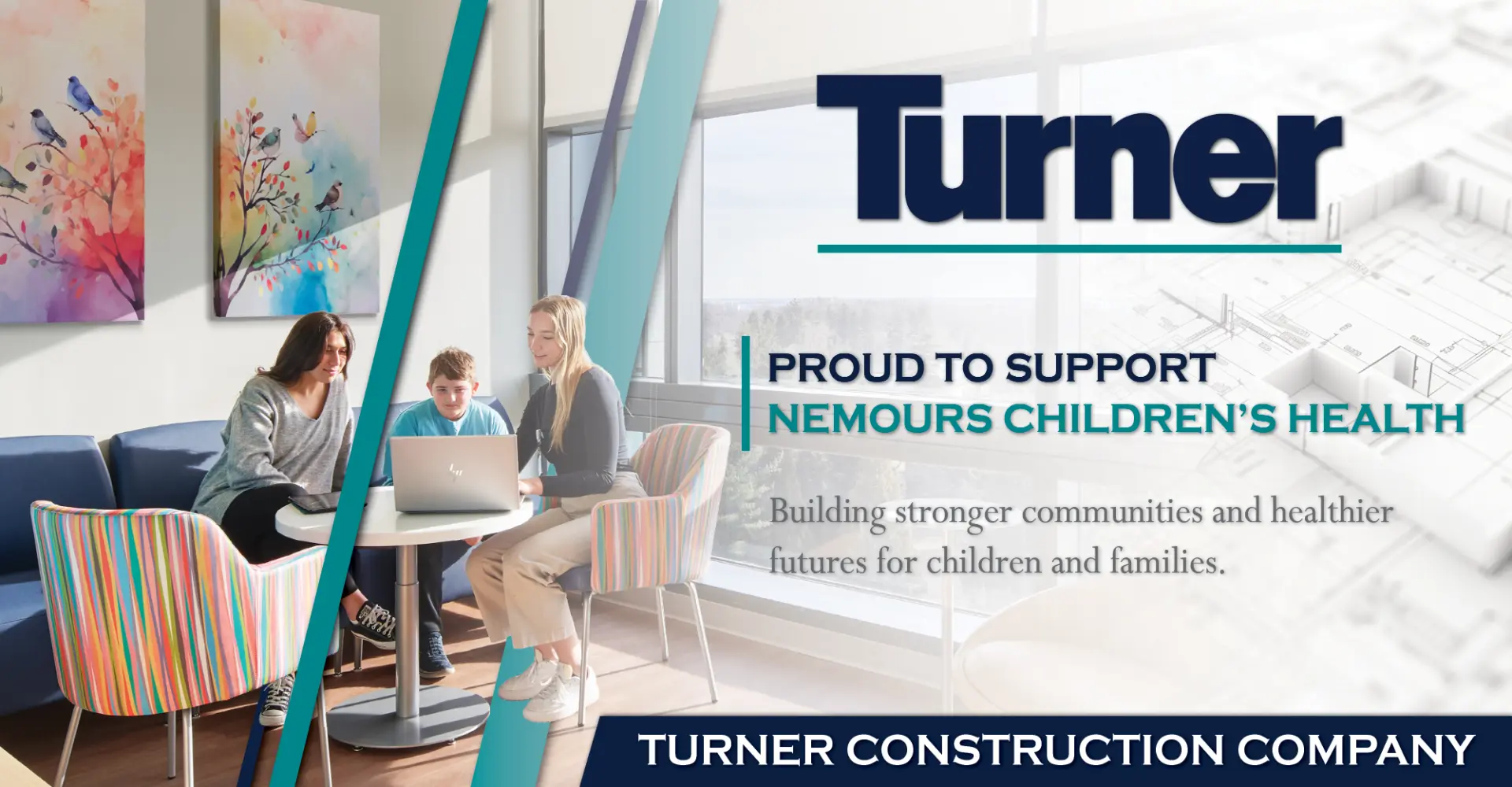 Community support advertisement featuring a children's health facility lounge photograph with teal diagonal graphic elements and a navy footer banner