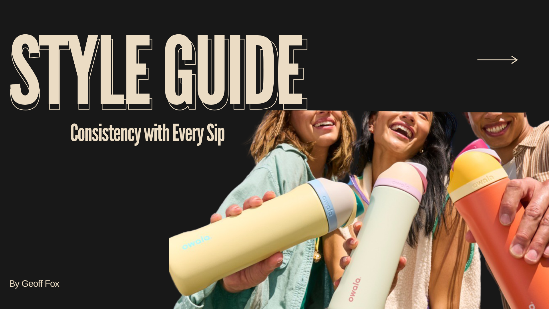 Social media style guide title slide with oversized outlined display type on black and a bright product lifestyle photograph
