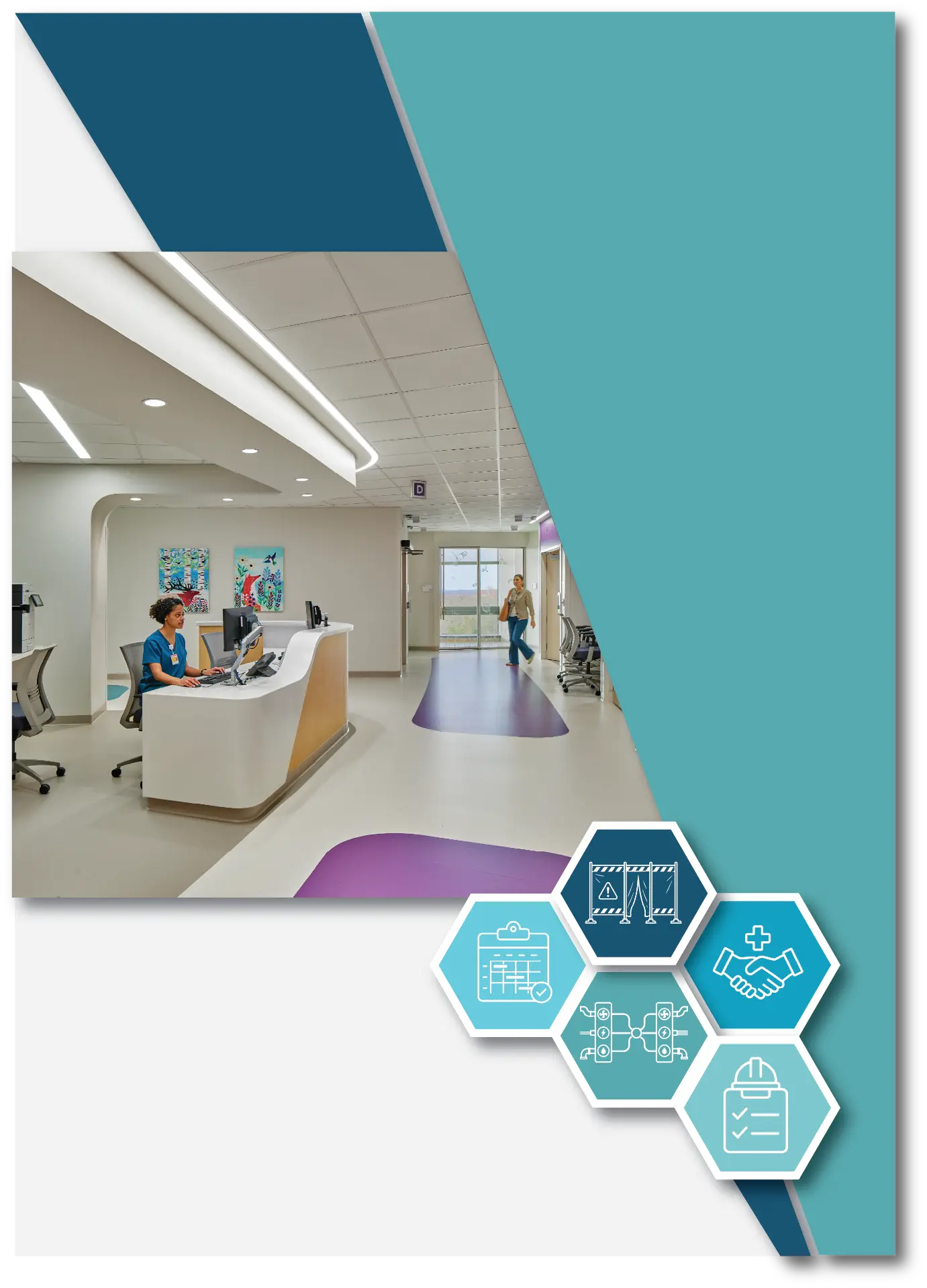Healthcare therapy-room proposal cover with an interior photograph, teal geometric panels, and service icons