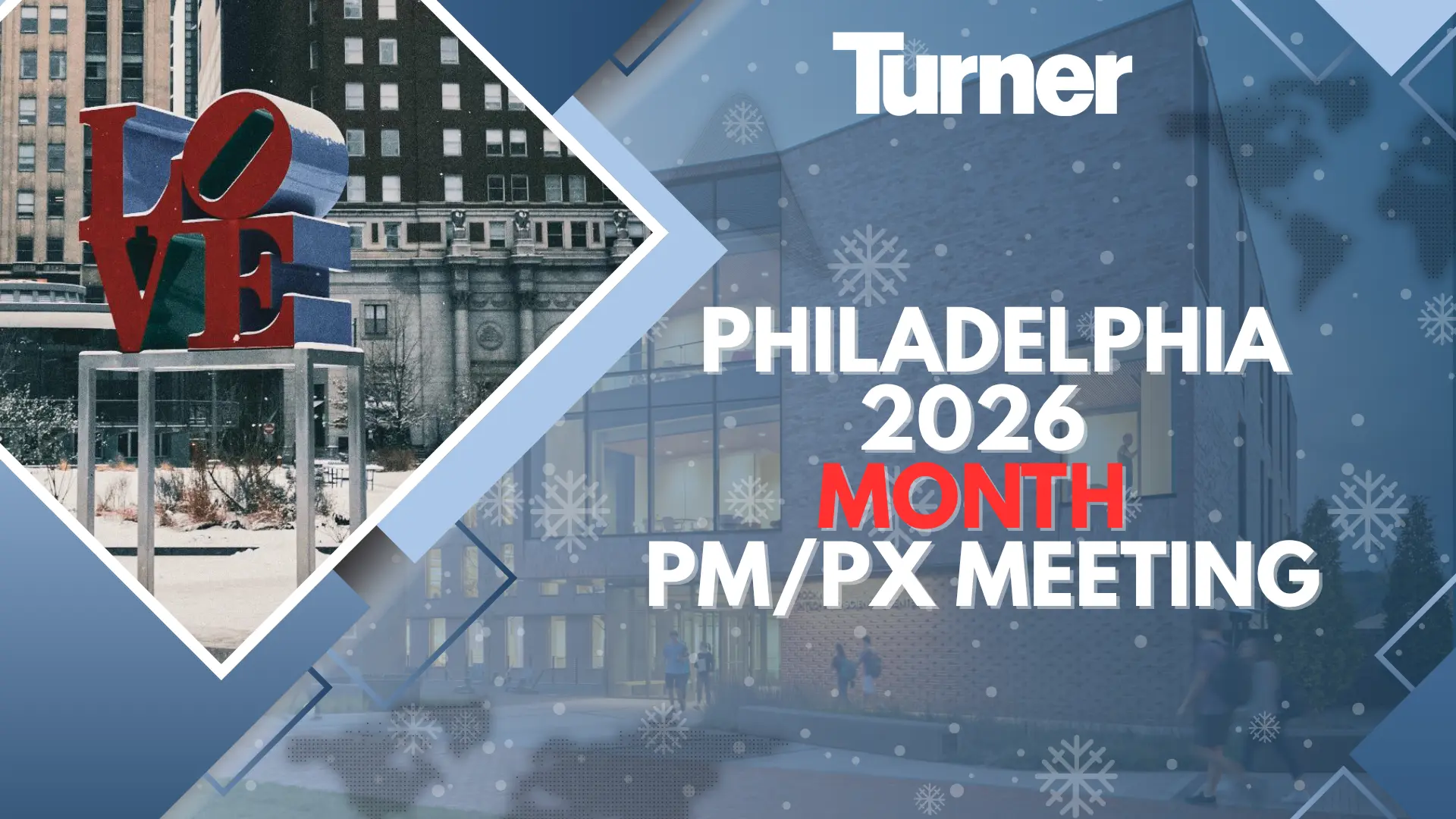 Winter-edition regional meeting title slide with a diamond-framed city sculpture photograph, snowflakes, and layered blue geometry