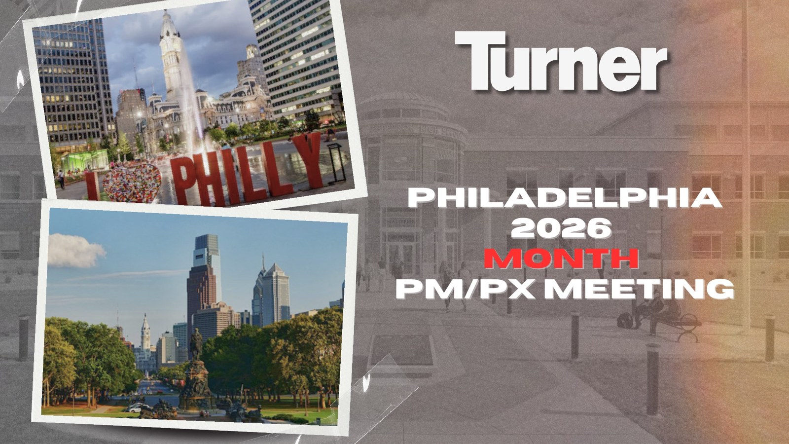 Regional team meeting title graphic with postcard-style city photographs and bold white and red typography over a desaturated street scene