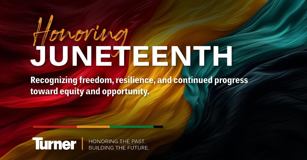 Juneteenth commemorative banner with flowing fabric in Pan-African colors — Honoring Juneteenth with Turner branding
