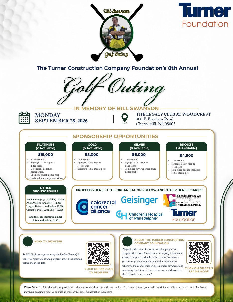 Charity golf outing sponsorship flyer with tiered sponsorship tables, beneficiary logos, and registration details over a golf-course photograph